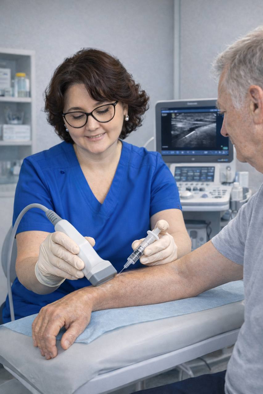 Маріанна Бровченко проводить ін'єкцію ботулотоксину для лікування спастичності з використанням апарату локальної кріотерапії Cryo 7 Zimmer для знеболення